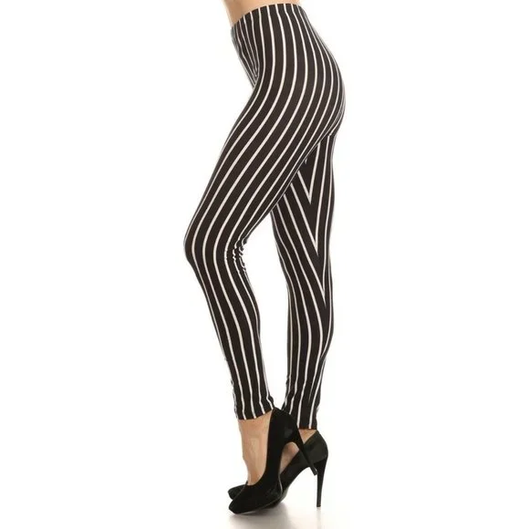 Reg One Size Womens Womens Vertical Black On White Pin Stripes Leggings - Picture 5 of 6
